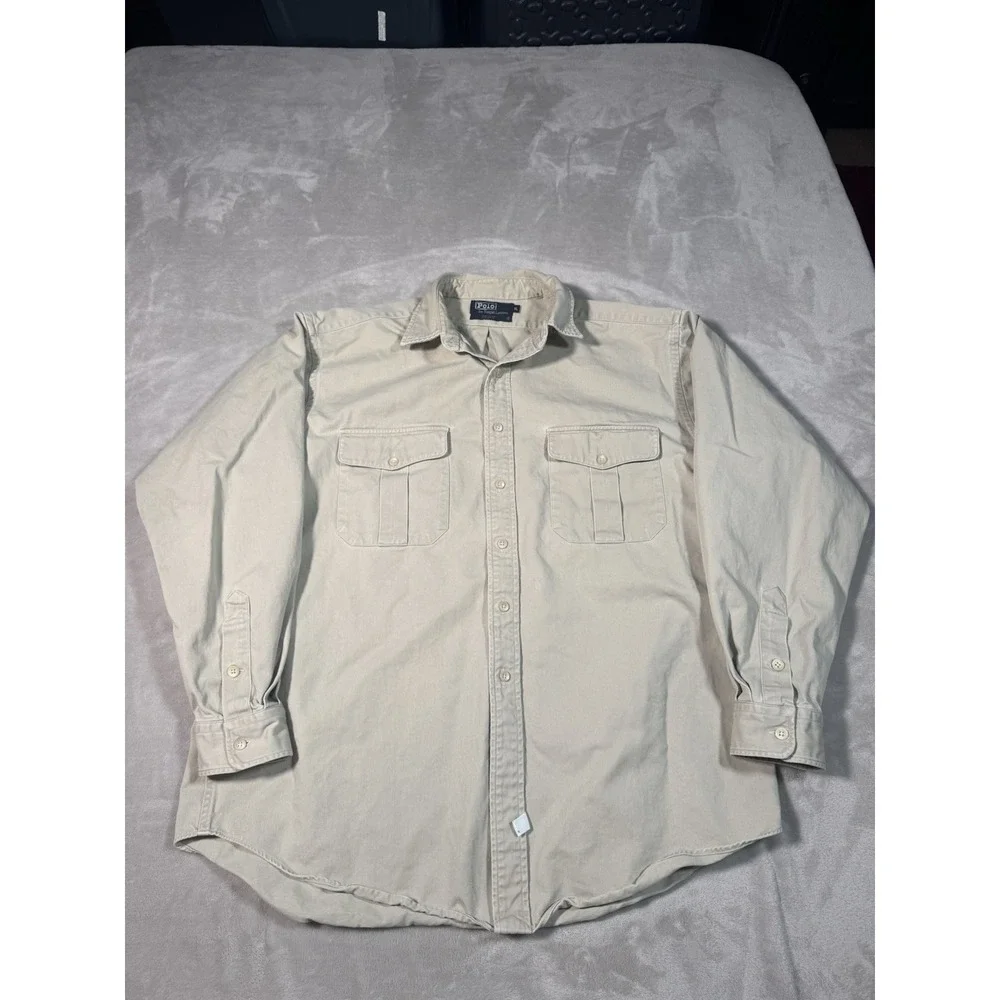 Vintage 90s Polo Ralph Lauren Military Shirt XL Beige Tan Cotton MADE IN USA